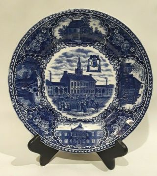 Antique Staffordshire Souvenir Plate Independence Hall Pa Betsy Ross Blue 9 "