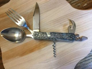 Vintage Kanenaga Made Oriental Japan Sterling Silver Hobo Camp Pocket Knife Rare 3