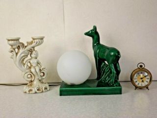 Art Deco French Table Lamp Ceramic Emerald Green Deer With Globe Ball Shade 2184