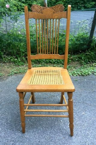 Antique Vintage Oak Wood Press Back Dining Side Chair With Cane Seat