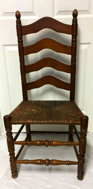 Vintage French Country Solid Carved Wood Ladder Back Rush Seat Chair -