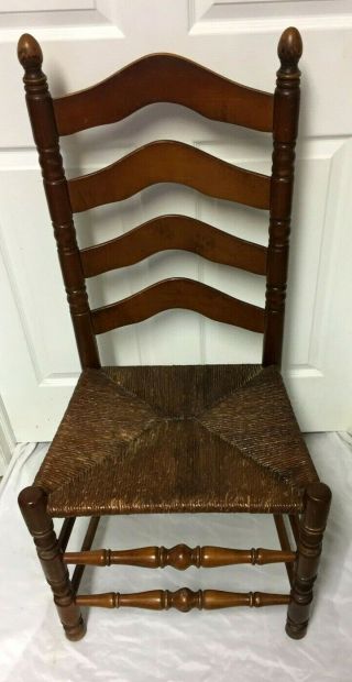 Vintage French Country Solid Carved Wood Ladder Back Rush Seat Chair - 2