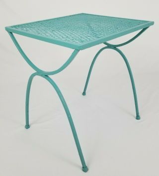 Vintage Wrought Iron Mesh Metal Patio Accent Table Plant Stand Teal Mid - Century