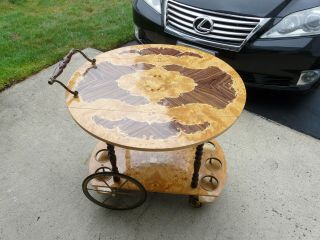 Vintage Wood Inlaid Bar Cart Tea Cart Italy Drop Leaf