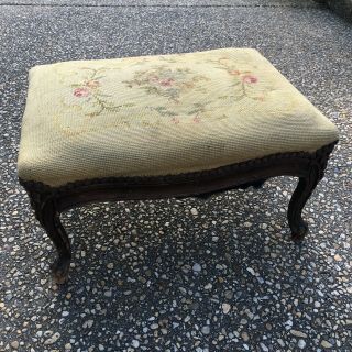 Small Antique Carved Wood French Provincial Shabby Chic Needlepoint Footstool
