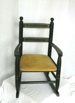 Rare Vtg Antique Child Black Wood Rocker Rocking Chair Gold Accents Ladder Back