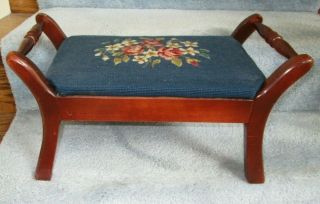 Vintage Double Handled Wooden Base Blue Flowers Needlepoint Foot Stool