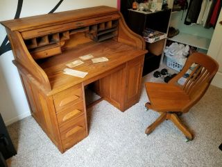 Antique Rolltop Desk And Chair Combo With Letters From Early 1900s.  Very Cool