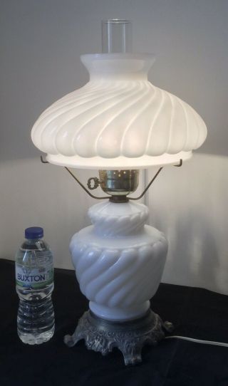 Vintage Milk Glass Oil Lamp Converted To Electric - Chimney & Milk Glass Shade
