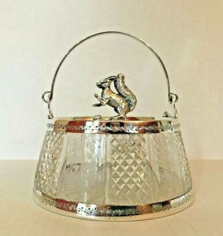 Antique/vintage Glass Silver - Plate Covered Candy Trinket Dish Basket Squirrel