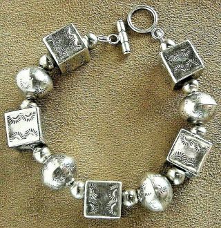 Vintage Old Pawn Navajo Hand Stamped Sterling Silver Bench Bead Pearls Bracelet