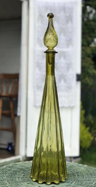 Vintage Large Olive Yellow Fluted Genie Bottle 1960’s Italian Empoli Decanter