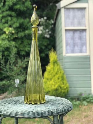 Vintage Large Olive Yellow Fluted Genie Bottle 1960’s Italian Empoli Decanter 2