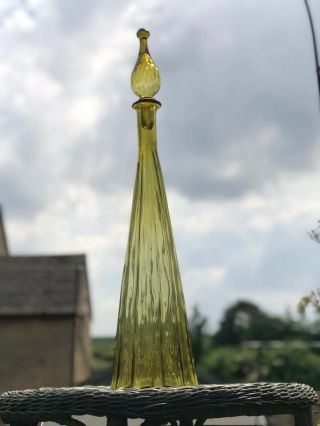 Vintage Large Olive Yellow Fluted Genie Bottle 1960’s Italian Empoli Decanter 3