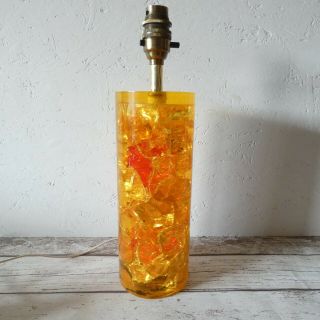 Vintage 60s 70s Shatterline Orange Amber Tall Table Lamp Crushed Ice