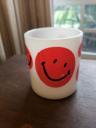 Mid Century Modern Milk Glass Coffee Cup With Red Smiley Faces