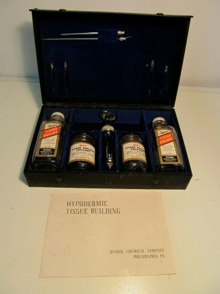 Vintage Funeral Embalming Hypodermic Tissue Building Kit Hydrol Syringe Bottles