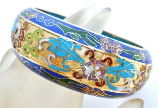 Wide Blue Cloisonne Enamel Flower Bangle Bracelet Chinese Gold Plated Vintage