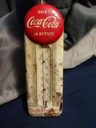 Vintage 1950’s Coca - Cola 9” Button Thermometer Metal Coke Sign Art Deco
