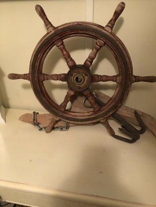 Authentic 24” Antique Vintage Nautical Ship’s Wheel Wood Bronze Maritime Boat