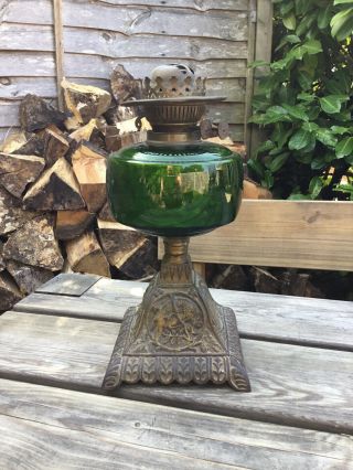 Antique Victorian Edwardian Green Glass Font & Cast Iron Foot Oil Lamp