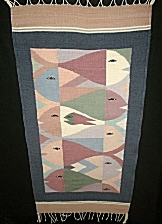 Rare Vintage Southwestern Indians Hand Woven Pictorial Rug With Fishes