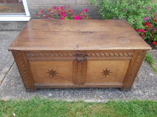 Antique Oak Coffer 18th Century Oak And Elm Lovely Star Detail Wood Pegged