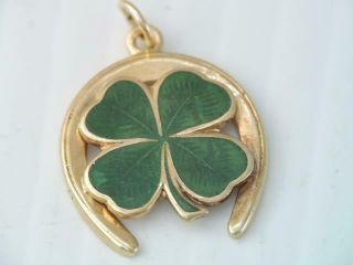 Vintage Solid 14k Gold Green Enamel Lucky Four Leaf Clover Horse Shoe Charm