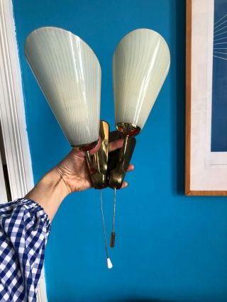 Vintage Mid Century Wall Lights X 2 Lamps Modernist Glass And Brass Sconce Pull
