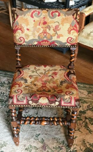 Antique Carved Barley Twist Hall Chair W/ Needlepoint