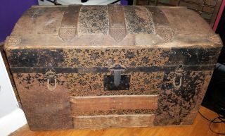 Antique Dome Top Pressed Tin Steamer Trunk - Leather Handles