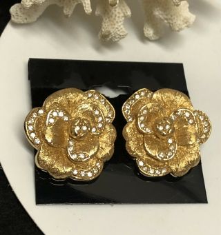 Vintage Christian Dior Gold Tone “rhinestone Flower” Clip Earrings - Stunning