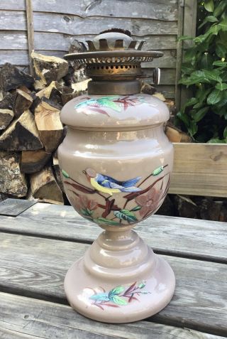 Old Antique Dietz & Co Paragon Grey Opaline Bird Foliage Painted Glass Oil Lamp