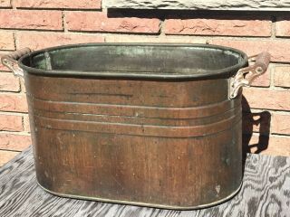 Antique Vintage Copper Boiler Wash Tub Wood Handles Primitive Country Farm Old