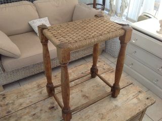 Art And Crafts Stool With Oak Turned Legs Woven Rush Seat 22 " High X 12 " X 18 "