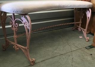 Antique Victorian Curved Cast Iron Bench W/ Pink Upholstered Seat Indoor/outdoor