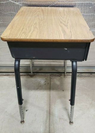 Vintage Child ' s School Desk Black Wood Desk Open Front Storage Adjustable Legs 2