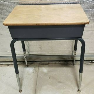 Vintage Child ' s School Desk Black Wood Desk Open Front Storage Adjustable Legs 3