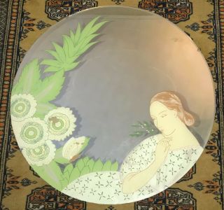 Vintage Turner Style Tropical Round Mirror Mid Century Woman And Palm Tree