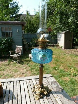 Stunning Antique Hand Painted Blue Glass Ornate Cast Brass Oil Lamp