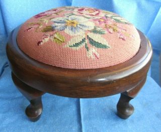 Antique Victorian Round Needlepoint Foot Stool Small Furniture
