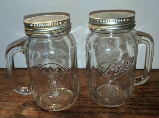 Vintage Glass 4” Ball Mason Jar W/handles Shakers Salt N Pepper