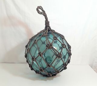 Vintage 10” Signed Japanese Blue Glass Fishing Float W/ Rope - 36 " Circumference