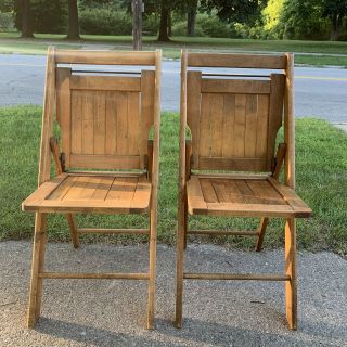 Vintage (2) Two Folding Wood Chairs Bistro Seat Mid Century Mcm Patented Usa