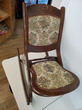 Vintage/antique Tapestry Carved Wood Folding Rocker Rocking Chair - Victorian