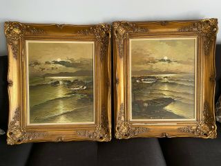 2 Large Oil Paintings Moonlight On Sea In Vintage Frames Signed By Artist