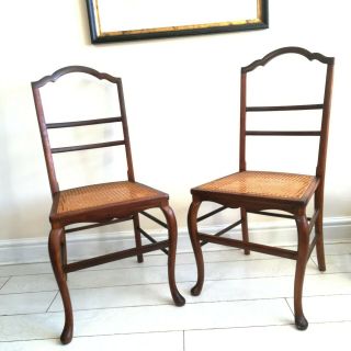 Pair Antique Hall Chairs Cane Seats Queen Anne Legs Matching Pair Parlor Bedroom