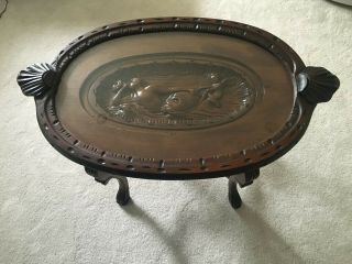 Vintage Antique Wood Oval Coffee Table Removable Glass Top Tray Carved Inlay