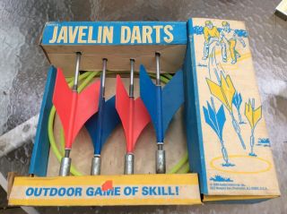 Vintage 1968 Hasbro Javelin Darts 4 Darts - 2 Target Circles Outdoor Game Of Skill