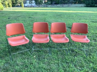 (4) Mcm Mid Century Modern Matrix Krueger Stackable Chairs Plastic Chrome Orange
